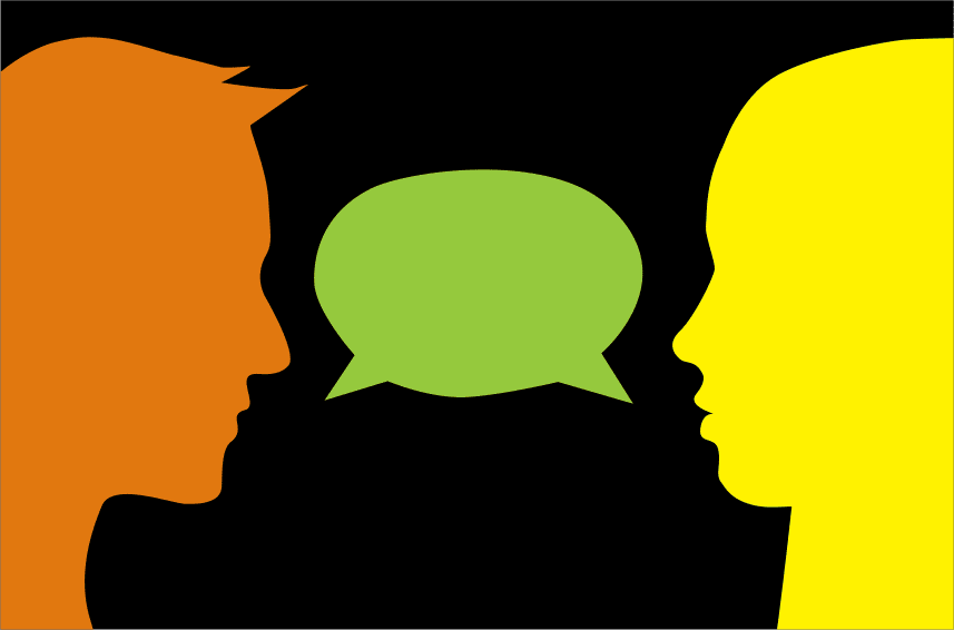 graphic of orange and yellow figures with talking bubble